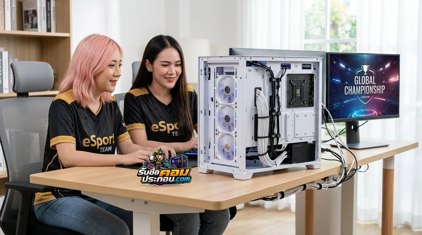 การจัดระเบียบสายเคเบิลคอมพิวเตอร์ตั้งโต๊ะบนโต๊ะทำงานพร้อมรับการตรวจเช็กสภาพ